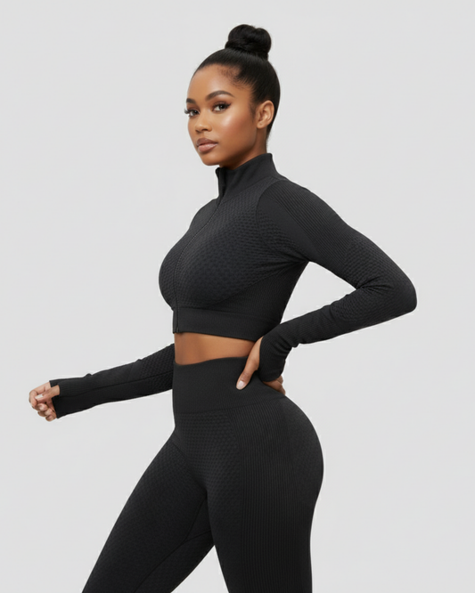 ZIP CROP TOP & LEGGINGS SET - BLACK