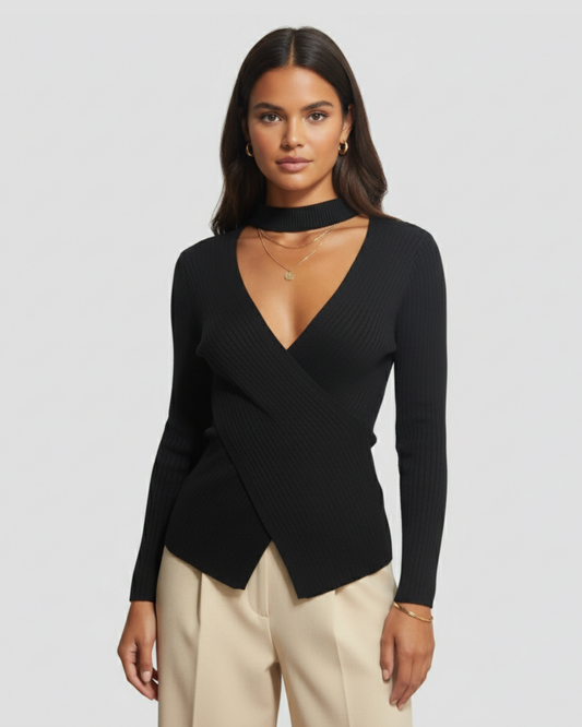 WRAP FRONT CUTOUT RIBBED SWEATER
