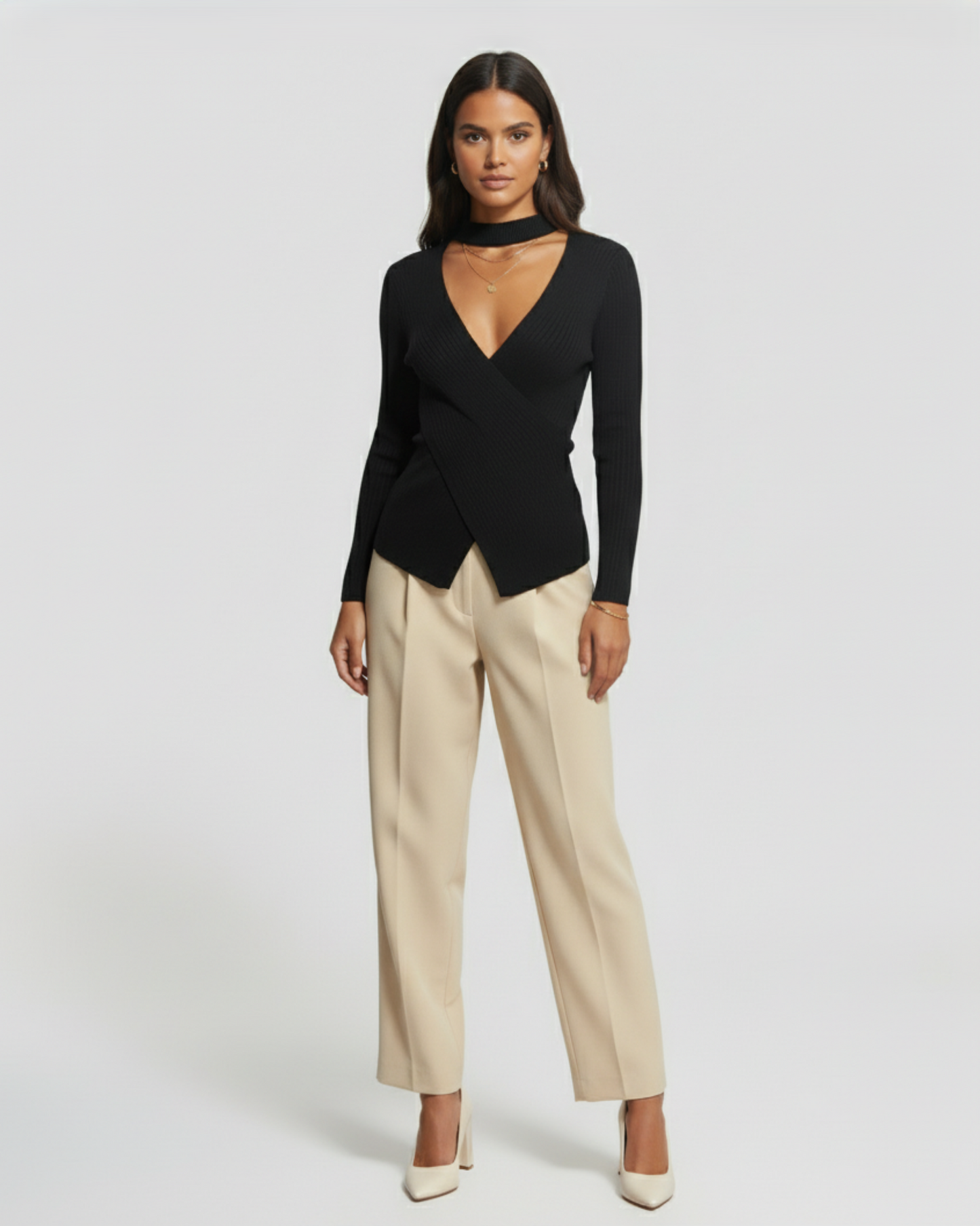 WRAP FRONT CUTOUT RIBBED SWEATER