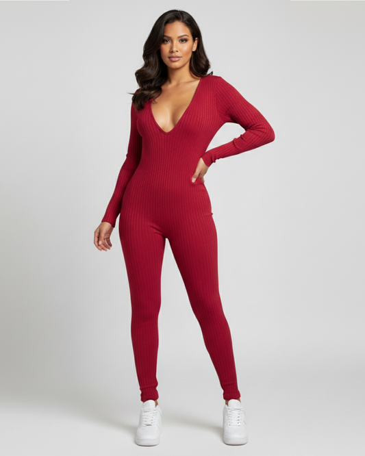 DEEP V BODYCON JUMPSUIT - RED
