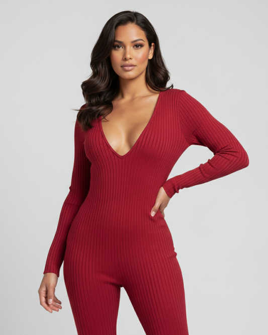 DEEP V BODYCON JUMPSUIT - RED