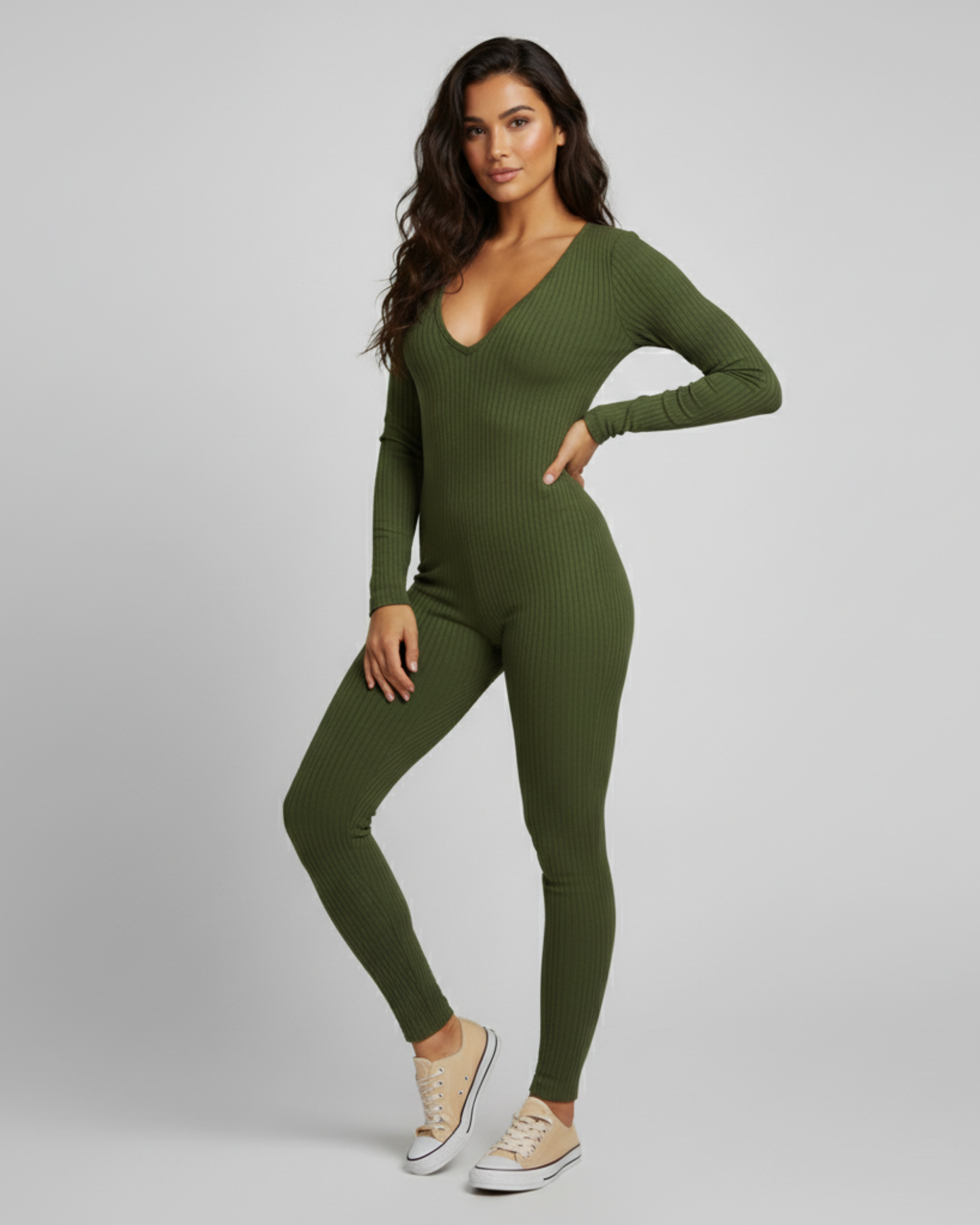 DEEP V BODYCON JUMPSUIT - GREEN