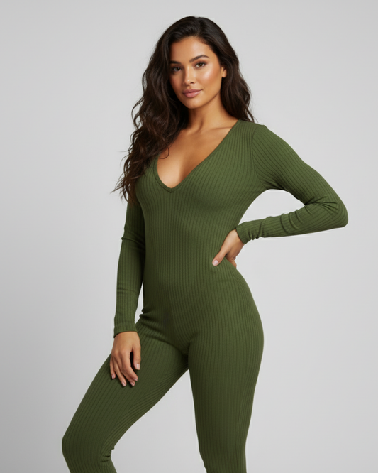 DEEP V BODYCON JUMPSUIT - GREEN