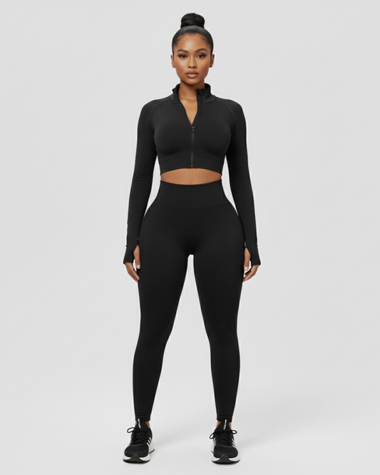 ZIP CROP TOP & LEGGINGS SET - BLACK