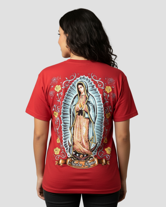 VIRGEN DE GUADALUPE RED ROSE GLOW TEE